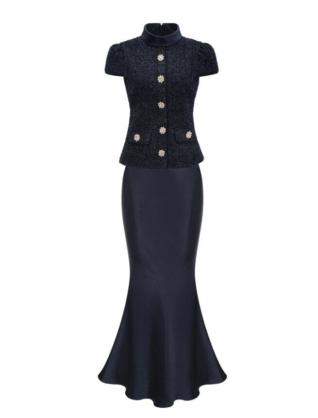 Self-Portrait Metallic Bouclé Bodice and Satin Maxi Dress MSRP $700