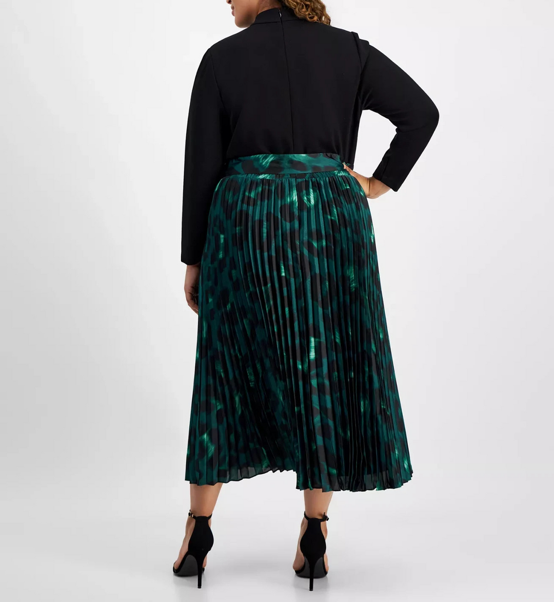 Anne Klein Plus Size Mixed-Media Pleated Midi Dress MSRP $159