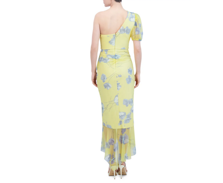 BCBGMAXAZRIA One Shoulder Puff Sleeve Printed Dress MSRP $298