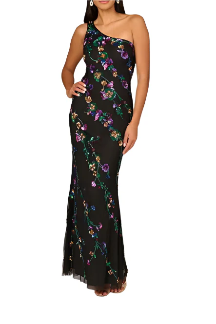 Aidan Mattox Beaded Mesh One Shoulder Sleeveless Mermaid Gown MSRP $495