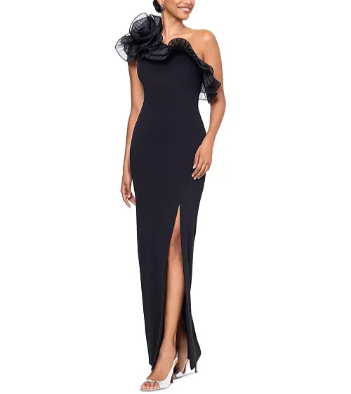 XSCAPE Layered Rosette-Trim One-Shoulder Gown MSRP $259