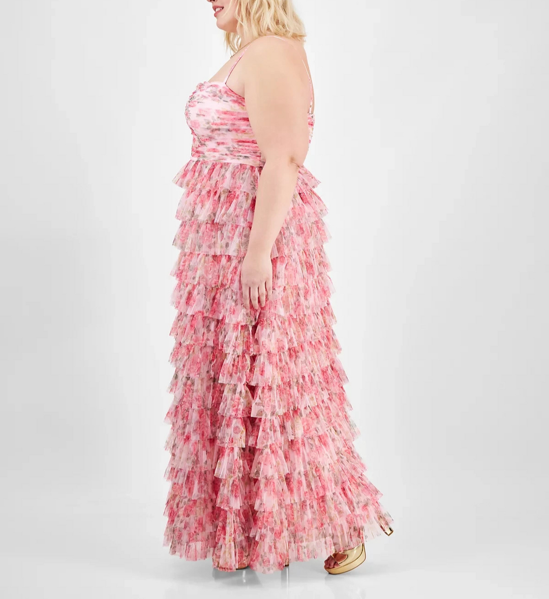 B Darlin Trendy Plus Size Floral Print Ruffle Tiered Gown MSRP $169