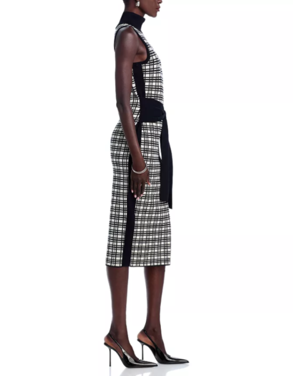 TOCCIN Peggy Sleeveless Turtleneck Tie Front Windowpane Dress MSRP $395