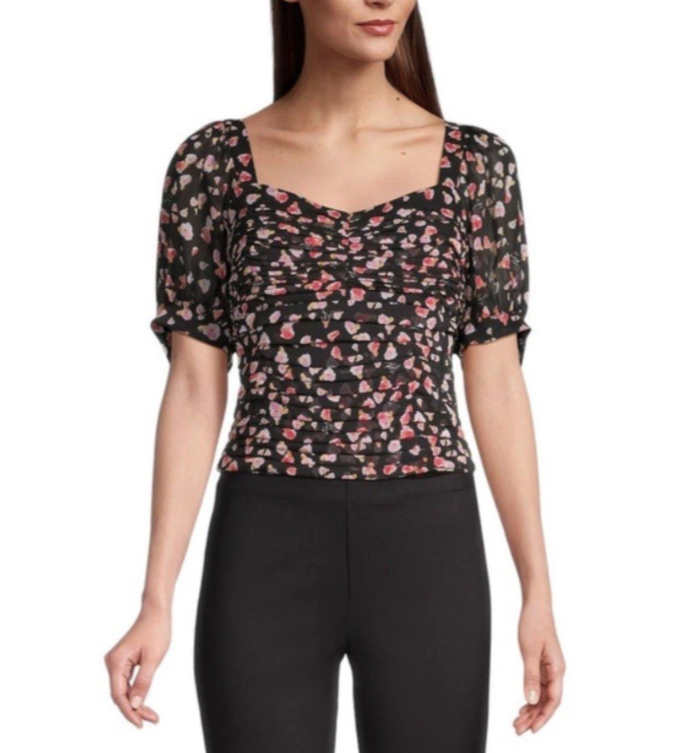 KARL LAGERFELD PARIS Printed Ruched Puff-Sleeve Blouse MSRP $89