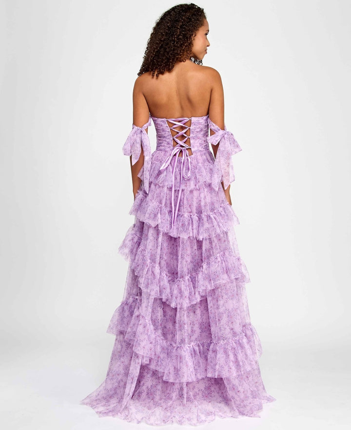 Say Yes Juniors' Floral-Print Tiered Off-The-Shoulder Ball Gown MSRP $199