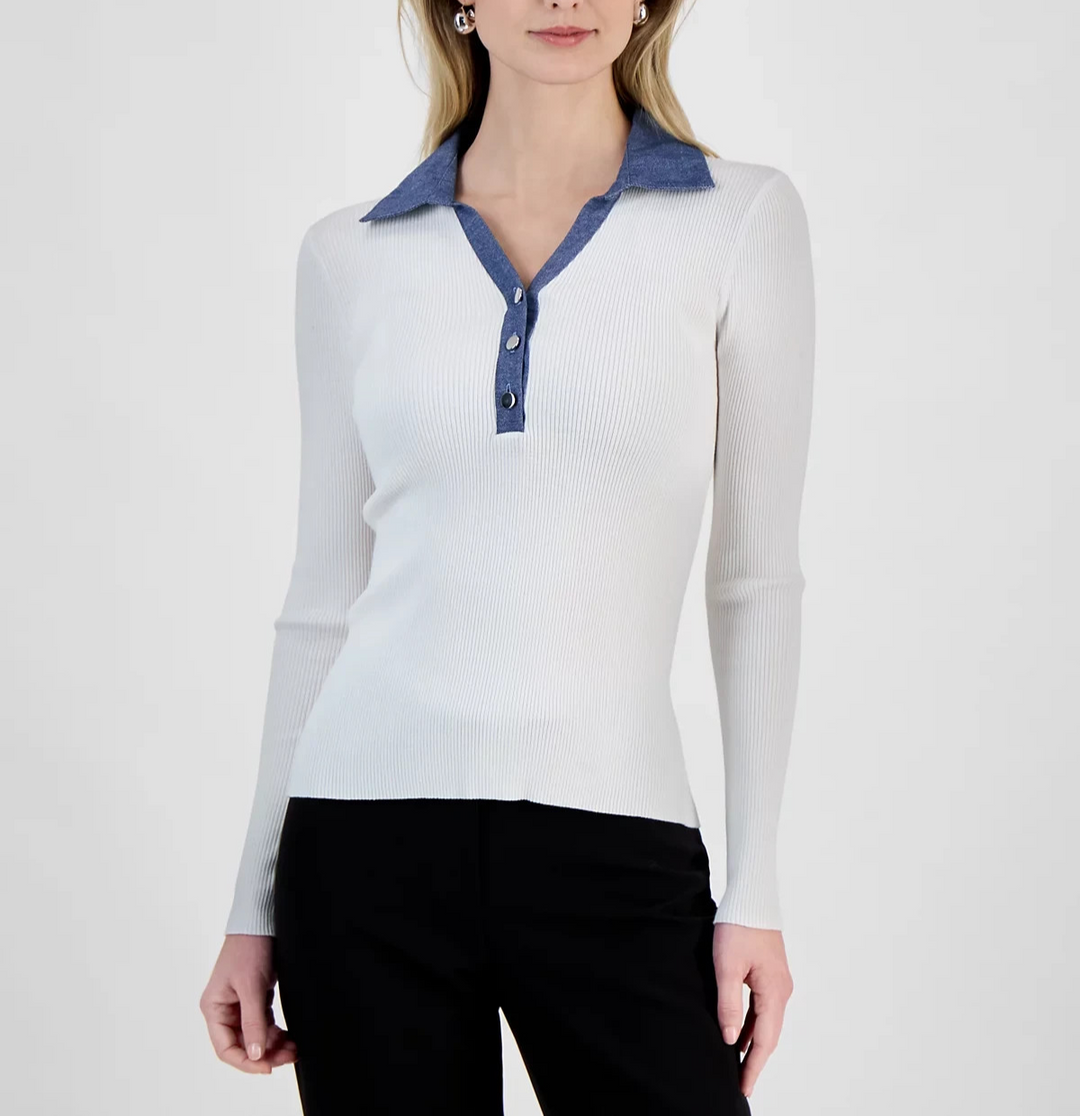 T Tahari Women's Contrast Collared Ribbed Knit Sweater MSRP $78