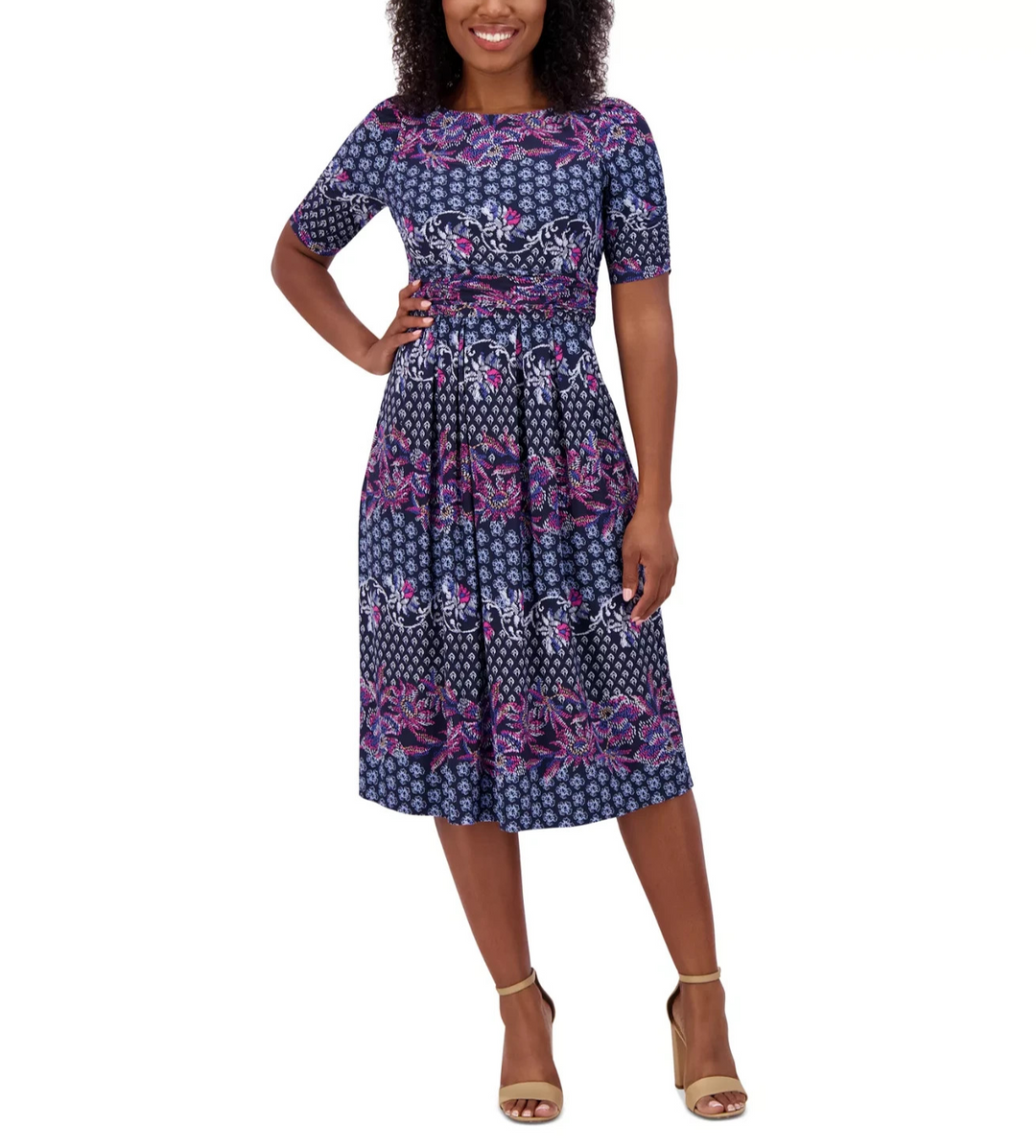 Jessica Howard Printed Ruched-Sleeve Midi Dress MSRP $109