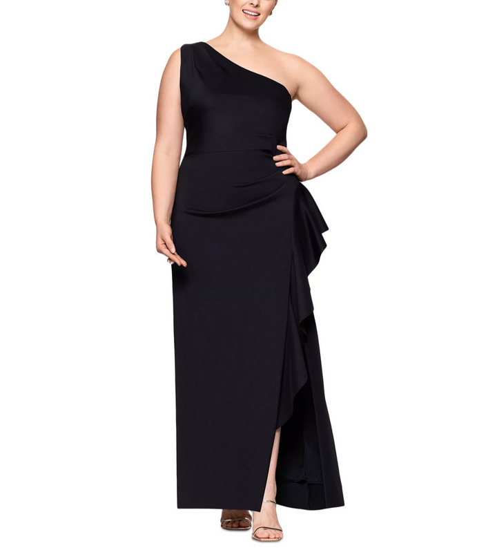 XSCAPE Plus Size Cascading One-Shoulder Gown MSRP $269