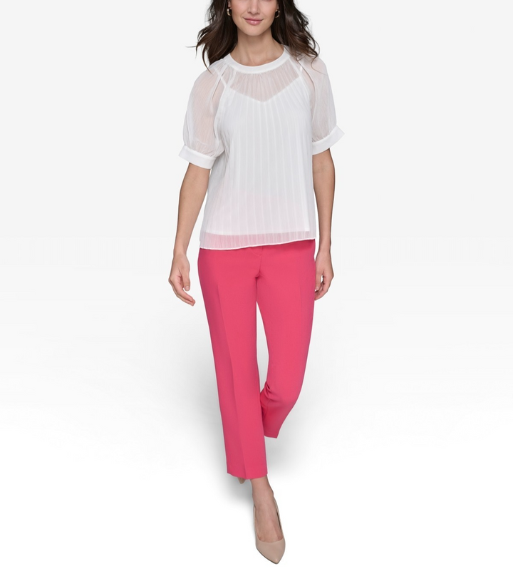 KARL LAGERFELD PARIS Women's Pleated Chiffon Short-Sleeve Blouse MSRP $99