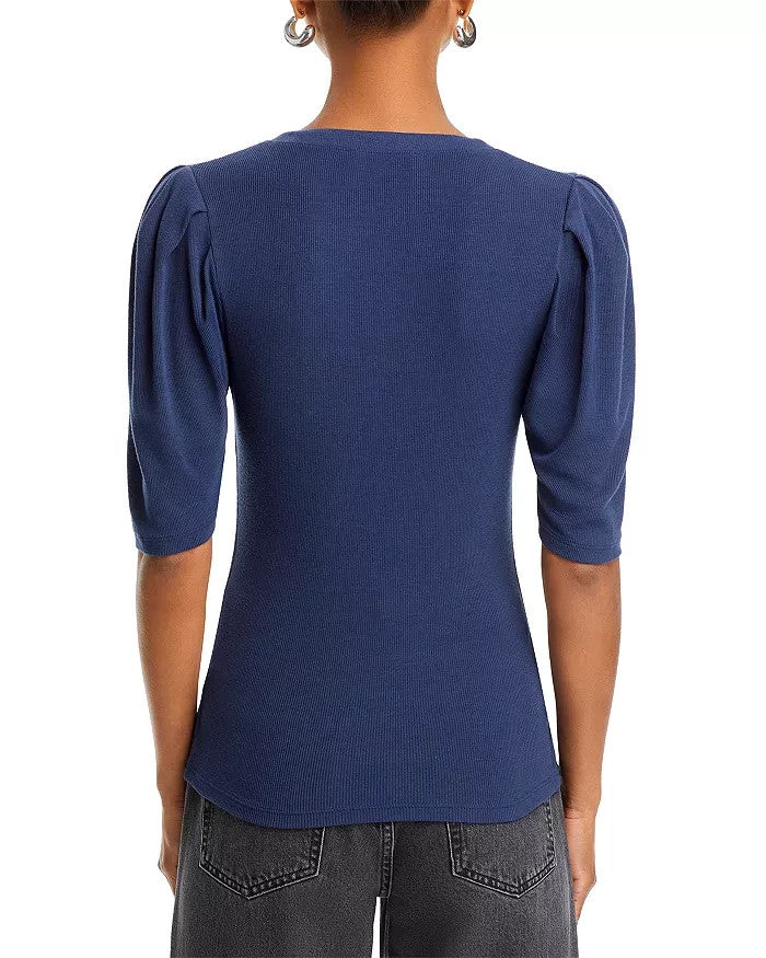 FRAME Rib Knit Ruched Sleeve Henley Tee MSRP $168