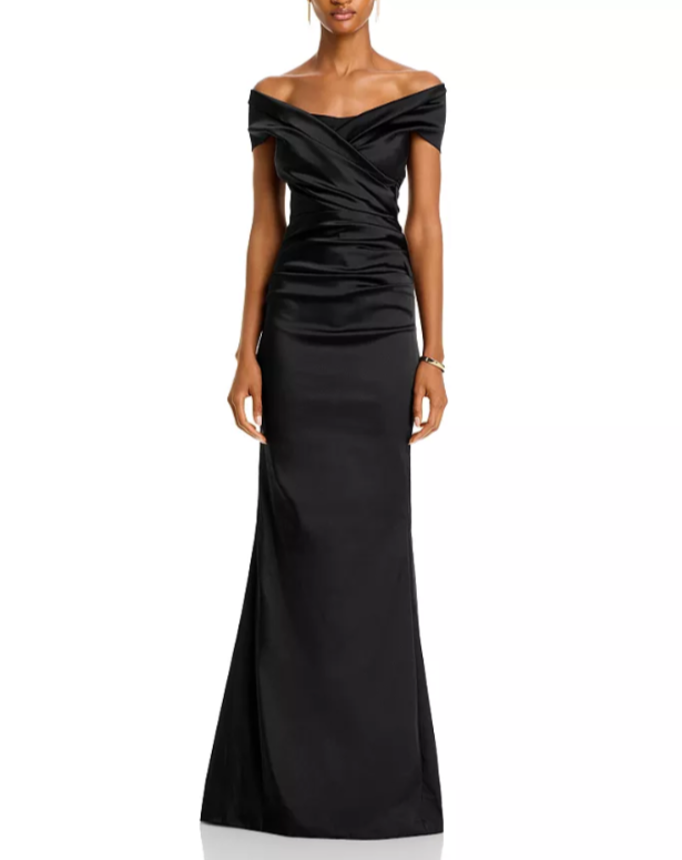 Teri Jon by Rickie Freeman Satin Stretch Off The Shoulder Gown MSRP $760