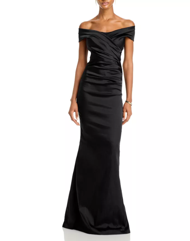 Teri Jon by Rickie Freeman Satin Stretch Off The Shoulder Gown MSRP $760