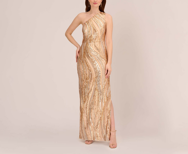 Adrianna Papell Women's Sequined One-Shoulder Gown MSRP $249