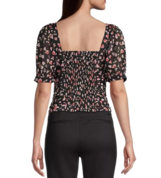 KARL LAGERFELD PARIS Printed Ruched Puff-Sleeve Blouse MSRP $89