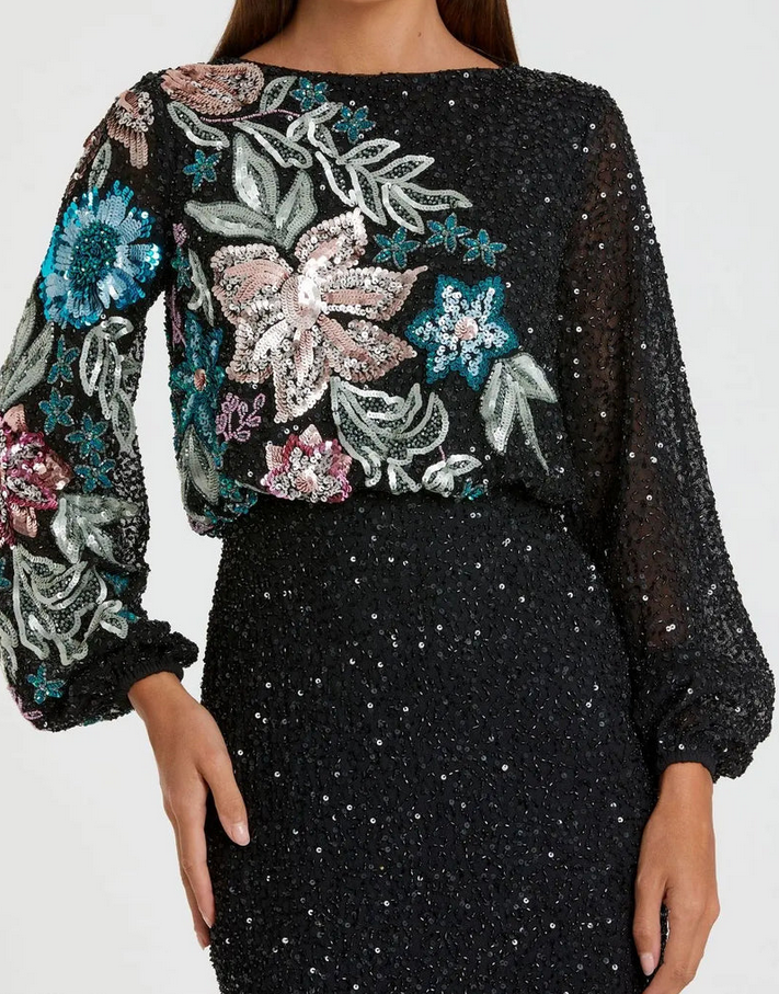 Mac Duggal Embellished Sequin Long Sleeve Blouson Gown MSRP $598