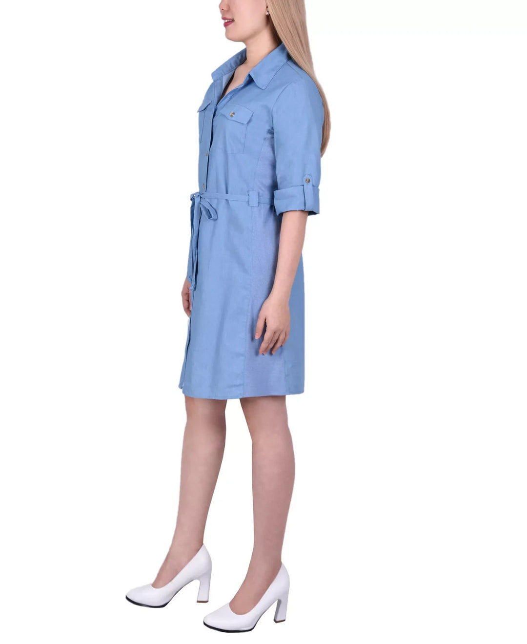 NY Collection Petite 3/4 Roll Tab Sleeve Denim Dress MSRP $60