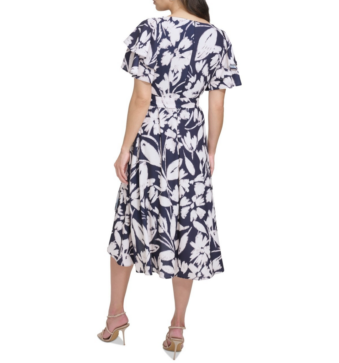 DKNY Petite Flutter-Sleeve Drapey-Crepe Fit & Flare Midi Dress MSRP $129
