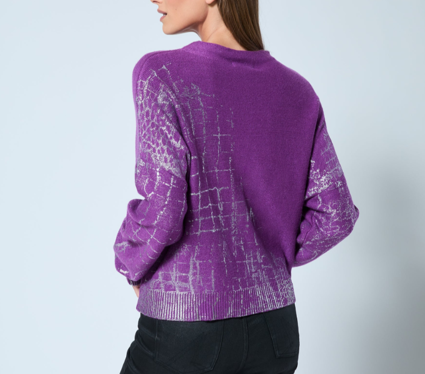 Adrienne Landau Crocodile Foil Print Funnel Neck Sweater MSRP $295