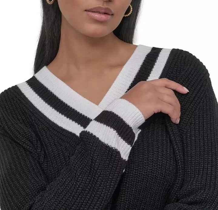 Dkny Jeans Women's Varsity V-Neck Relaxed Sweater MSRP $79