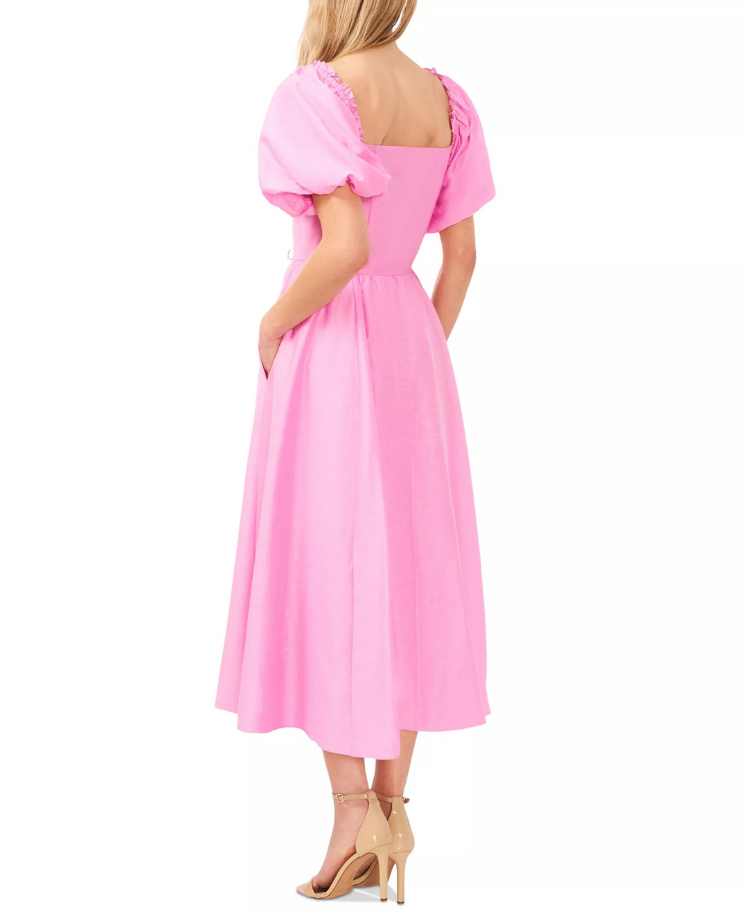 CeCe Women's Puff Sleeve Button Front Midi Dress MSRP $129