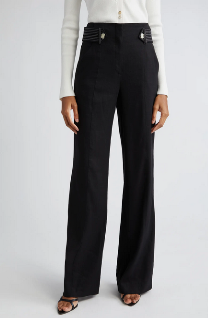 Veronica Beard Sunny Button Tab Linen-Blend Wide Leg Pants MSRP $448