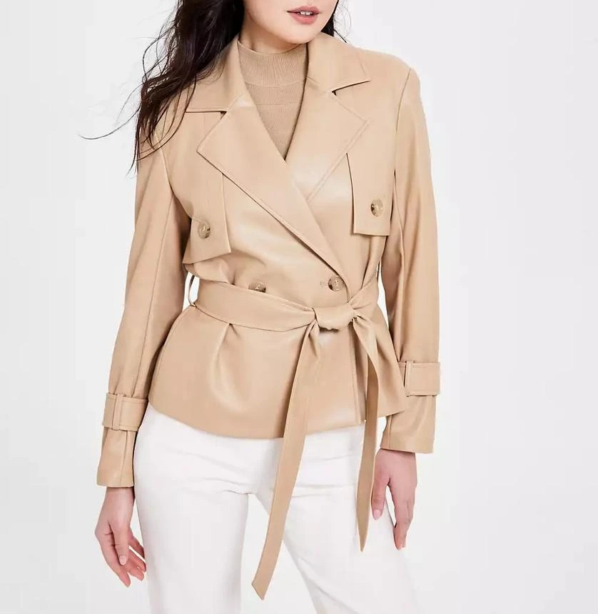 Anne Klein Women's Faux-Leather Belted Short Trench Jacket MSRP $199