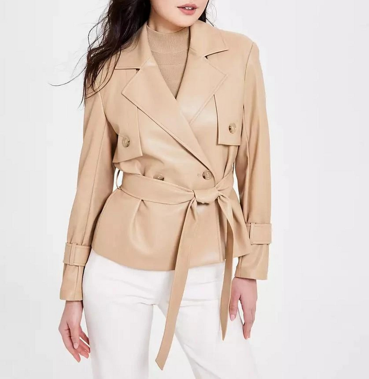 Anne Klein Women's Faux-Leather Belted Short Trench Jacket MSRP $199
