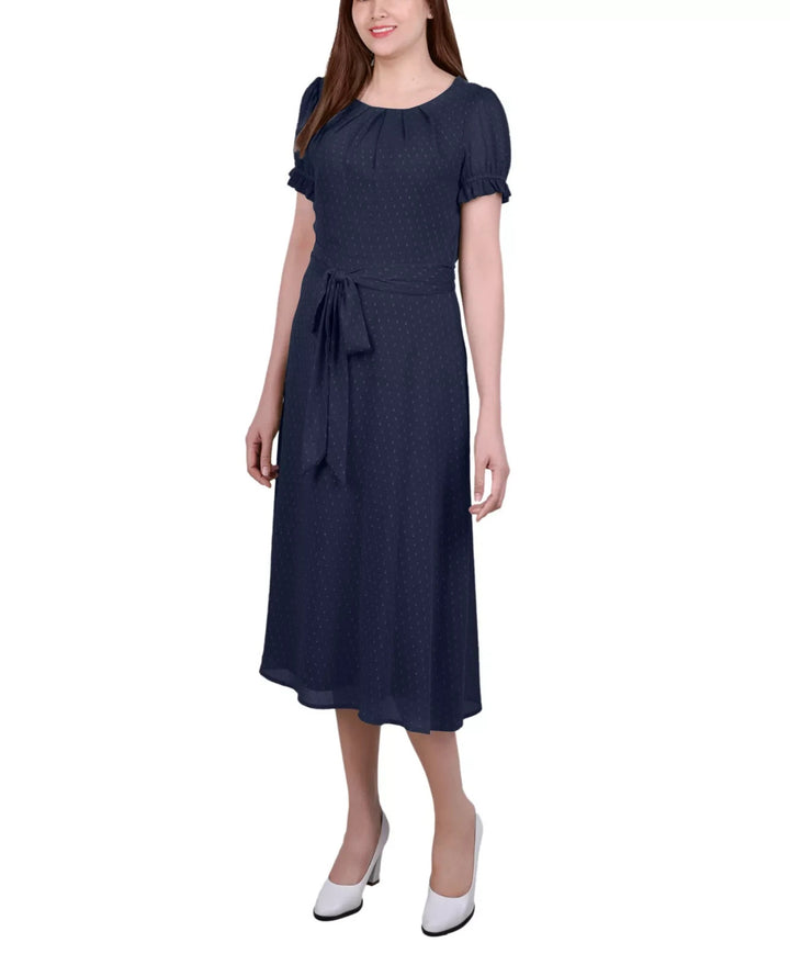 NY Collection Petite Short Sleeve Belted Swiss Dot Dress MSRP $52
