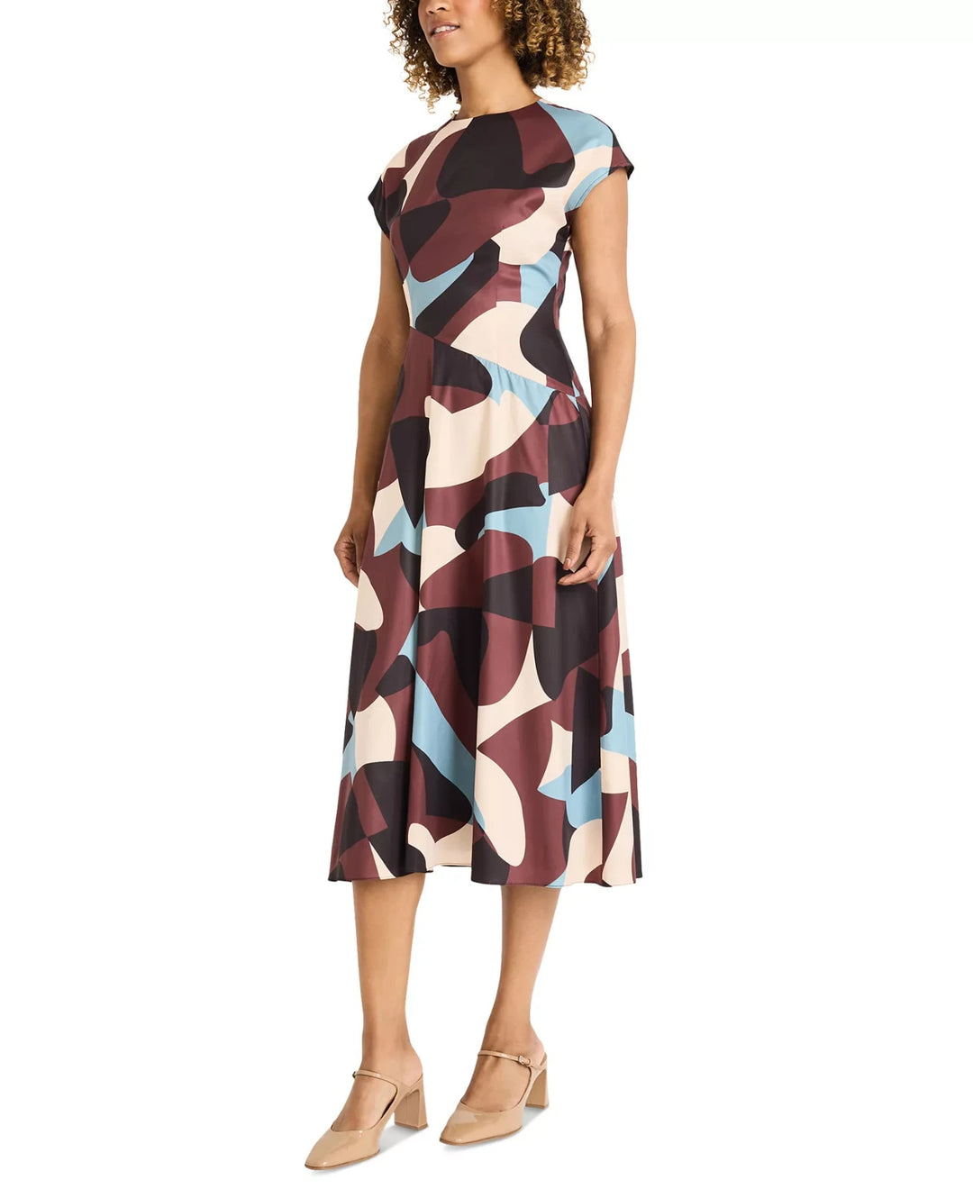 Maggy London Printed Crewneck Cap Sleeve Midi Dress MSRP $158