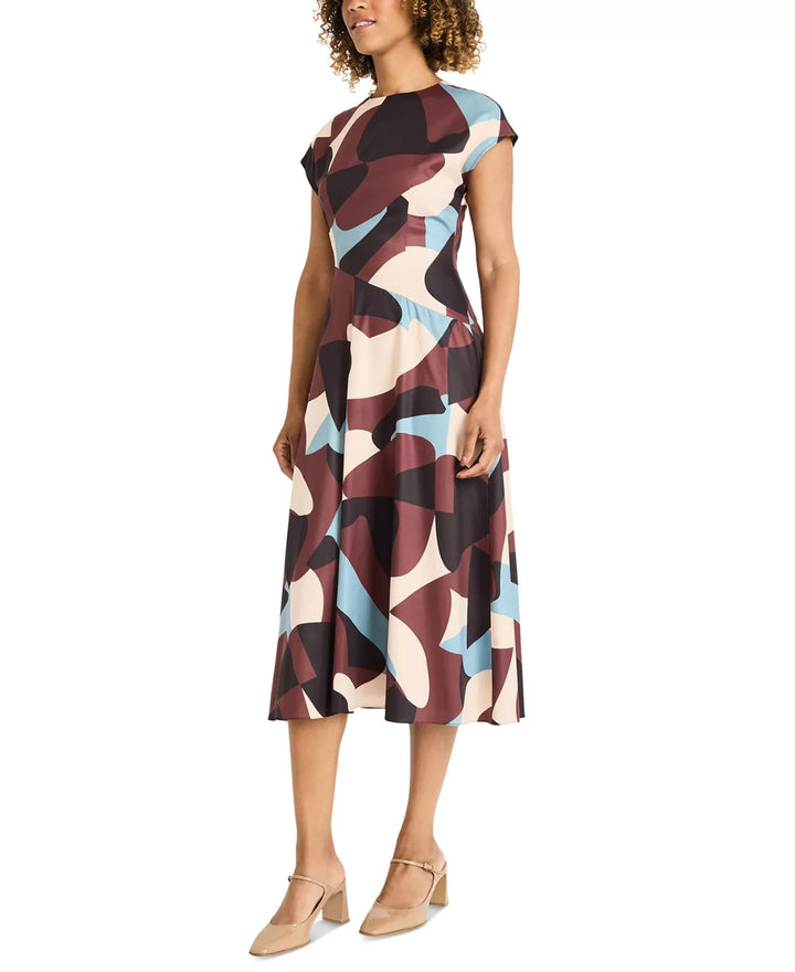 Maggy London Printed Crewneck Cap Sleeve Midi Dress MSRP $158