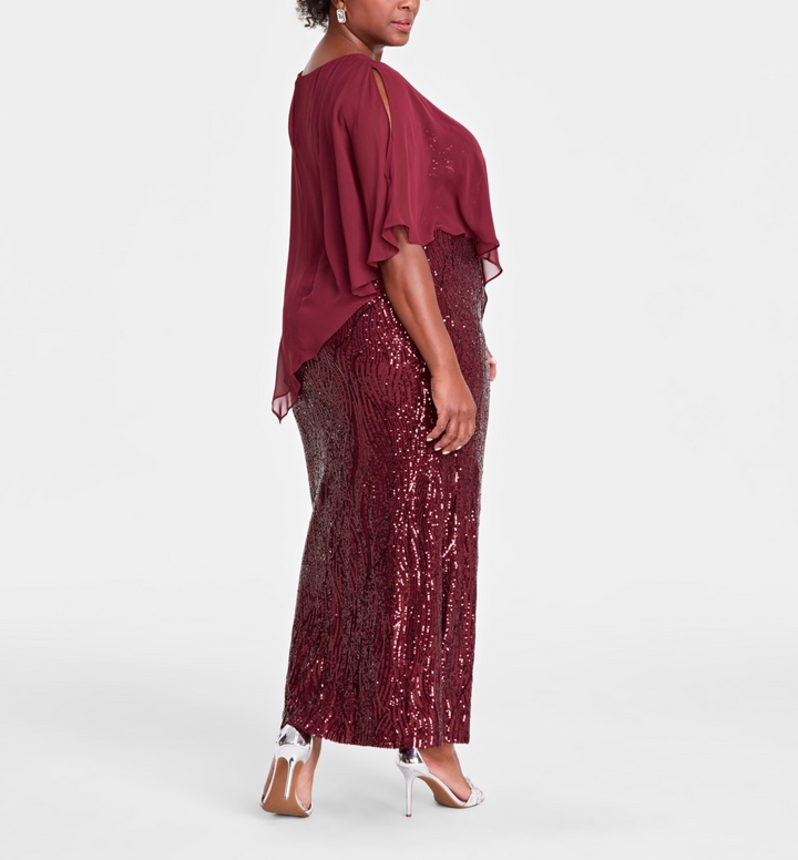 SL Fashions Plus Size Asymmetrical-Cape Sequin Gown MSRP $159