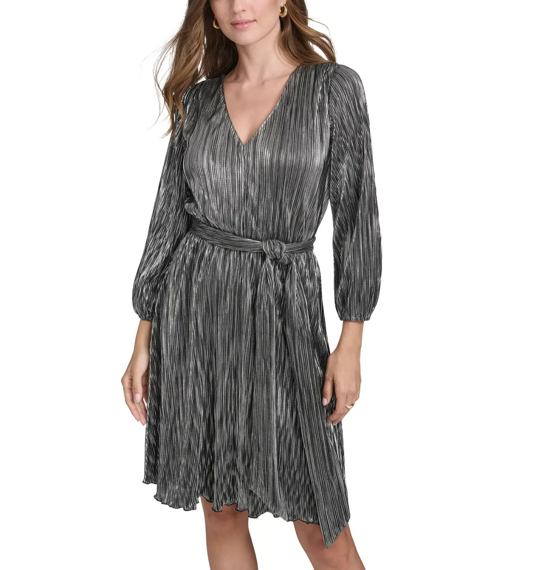 Halston  Metallic-Stripe Tie-Waist V-Neck Dress MSRP $139