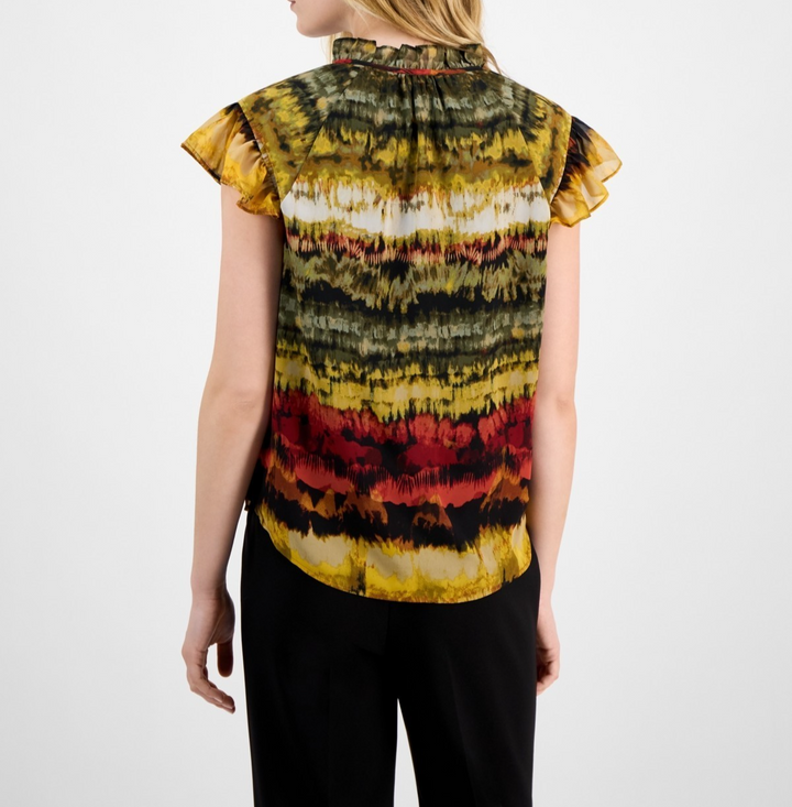 Anne Klein Printed Ruffled-Neck Flutter-Sleeve Chiffon Top MSRP $79