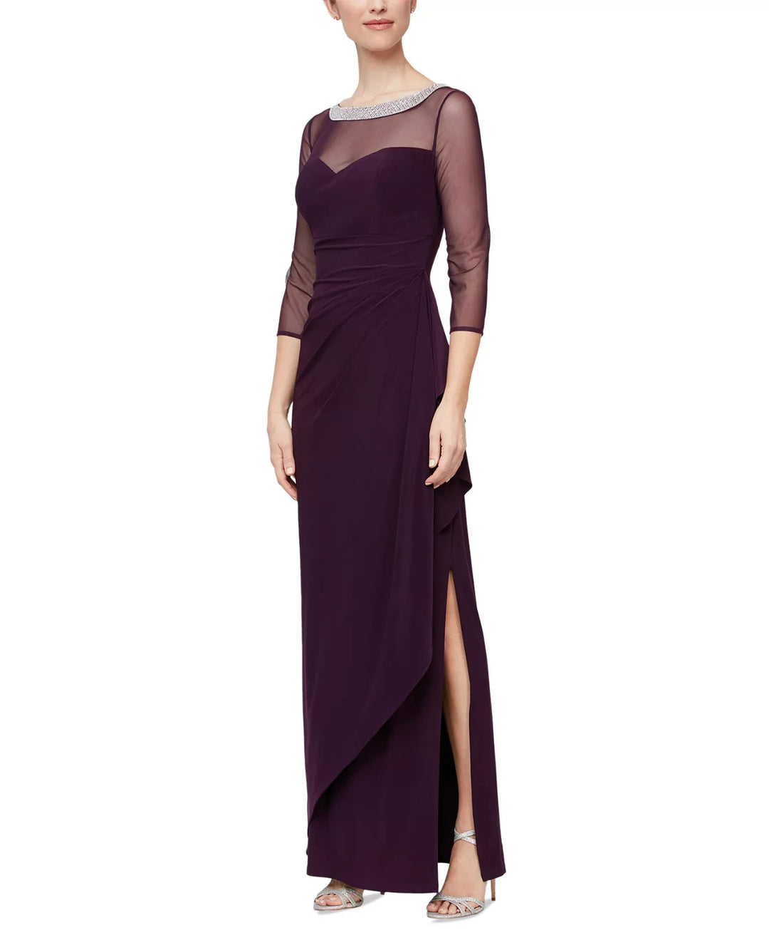 Alex Evenings Embellished-Neck Side-Ruched Illusion Dress MSRP $199