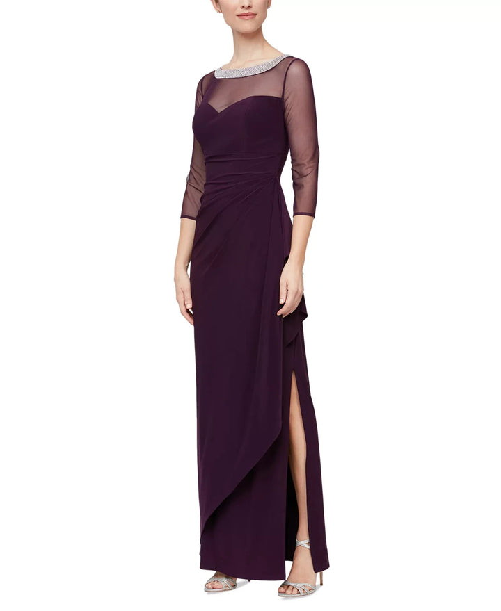 Alex Evenings Embellished-Neck Side-Ruched Illusion Dress MSRP $199