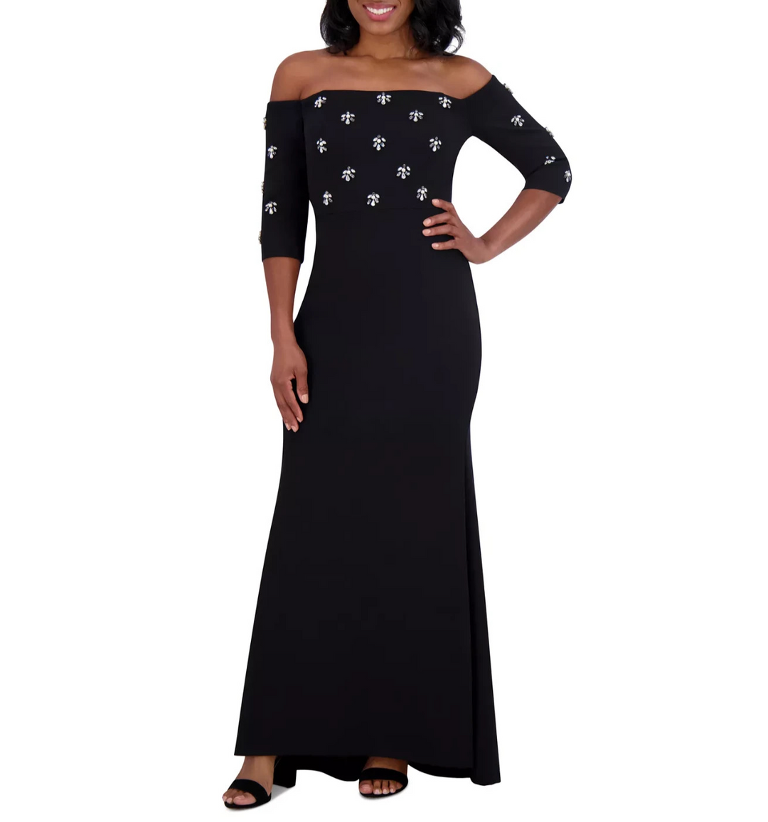 Eliza J Beaded 3/4-Sleeve Off-The-Shoulder Gown MSRP $208