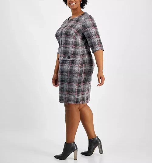 Connected Plus Size 3/4-Sleeve Plaid Sheath Dress MSRP $79