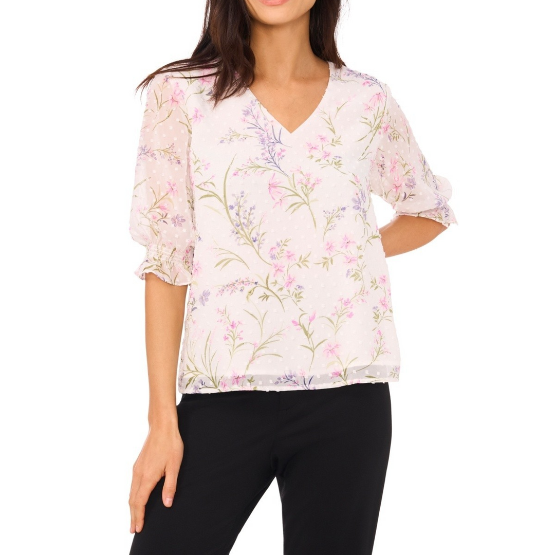 CeCe Floral 3/4-Sleeve Ruffled V-Neck Blouse MSRP $69