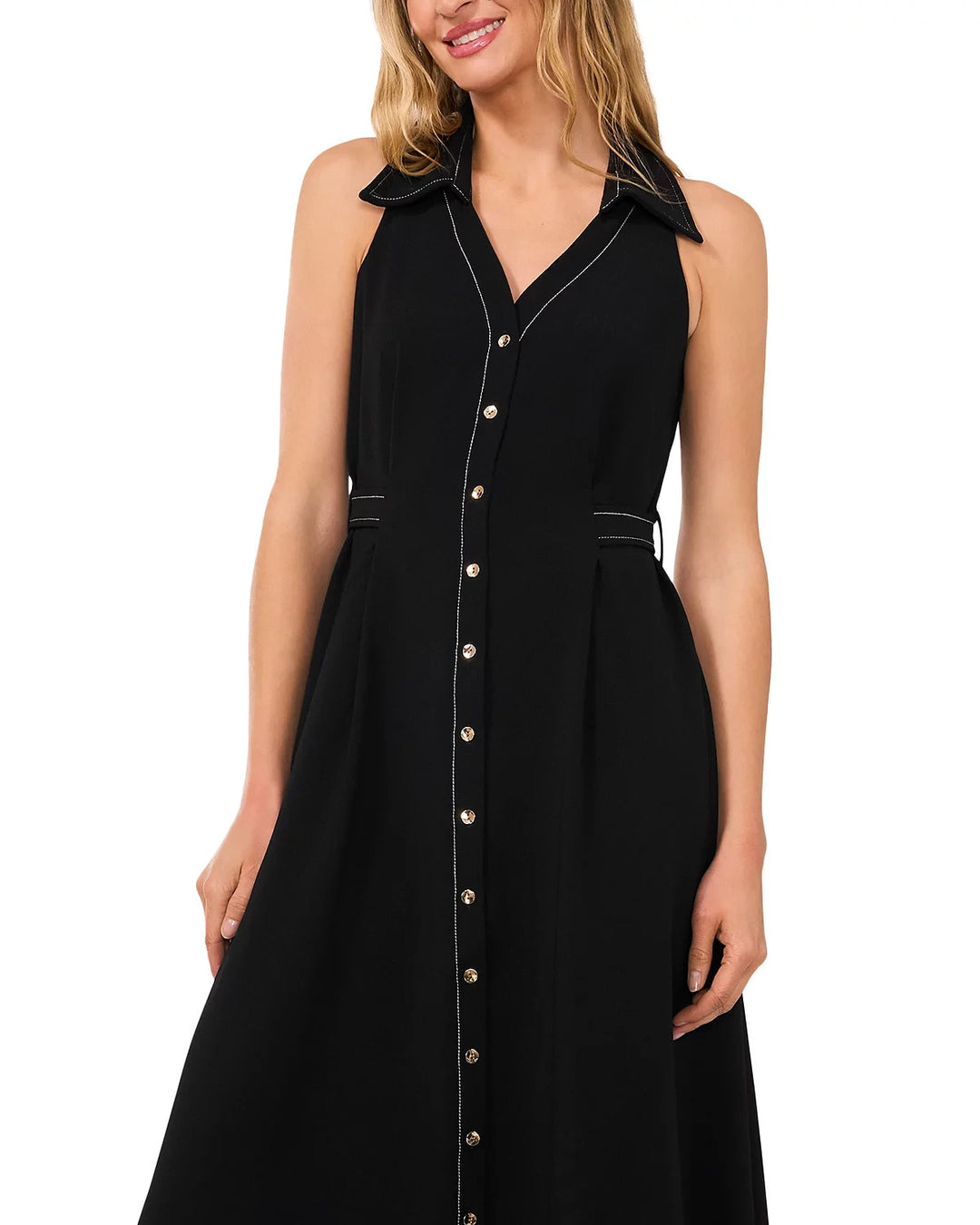 CeCe Sleeveless Collared V Neck Belted Dress MSRP $119