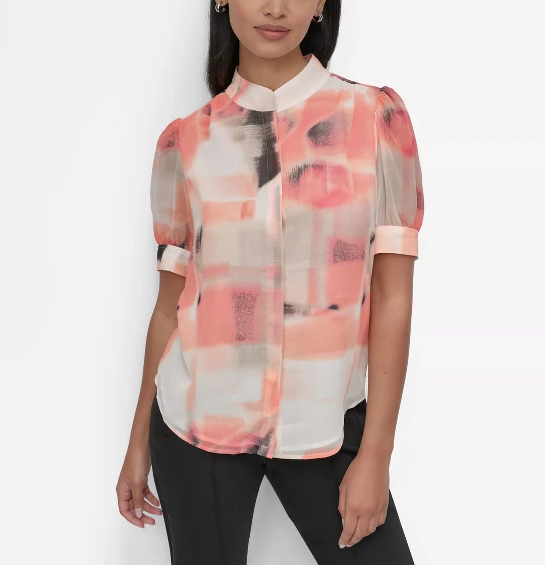 DKNY Women's Printed Puff-Sleeve Button-Front Blouse MSRP $79