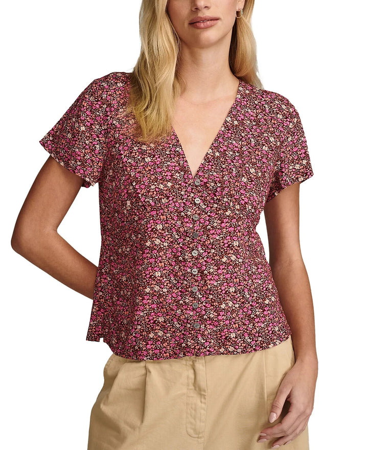 Lucky Brand Floral-Print Short-Sleeve V-Neck Blouse MSRP $79