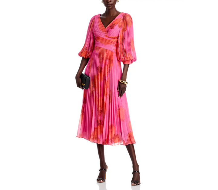Teri Jon by Rickie Freeman Printed Chiffon Pleated Dress MSRP $710