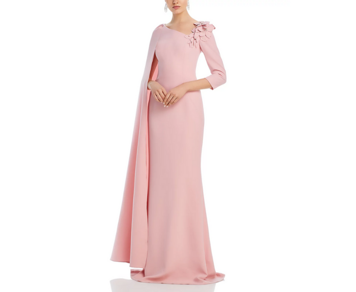 Teri Jon by Rickie Freeman Floral Applique Asymmetric Cape Gown MSRP $870