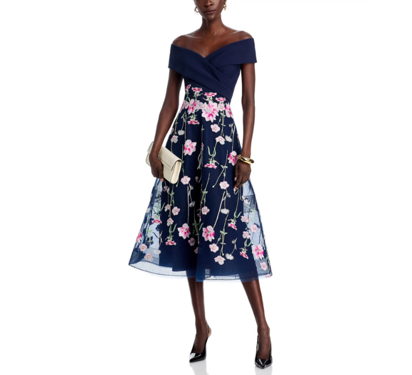 Teri Jon by Rickie Freeman Crepe Off-the-Shoulder Embroidered Tulle Dress $660