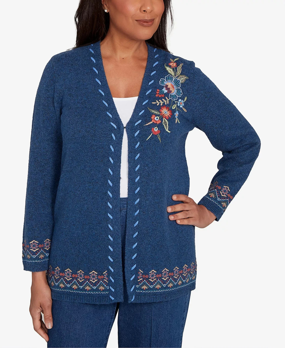 Alfred Dunner Women's Sunset Canyon Embroidered Flower Long Sleeve Cardigan $74