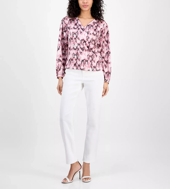 BOSS Orange Women's Printed Long-Sleeve V-Neck Blouse MSRP $129