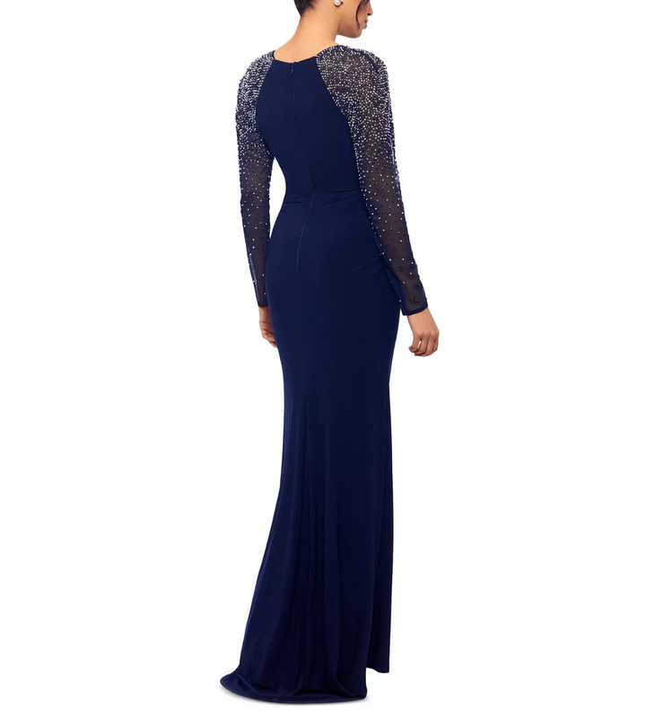 Betsy & Adam Mesh-Sleeve V-Neck Evening Gown MSRP $269