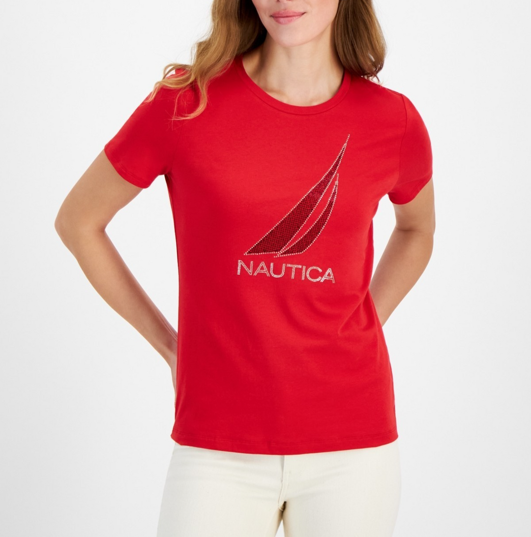 Nautica Women's Embellished Logo Crewneck T-Shirt MSRP $34.50