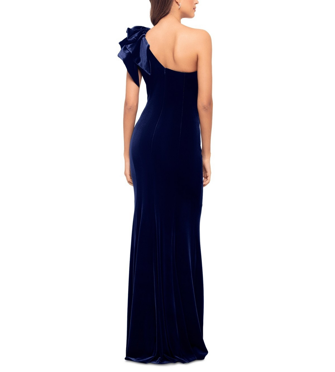 Betsy & Adam Asymmetric Ruffled Sleeveless Velvet Gown MSRP $269