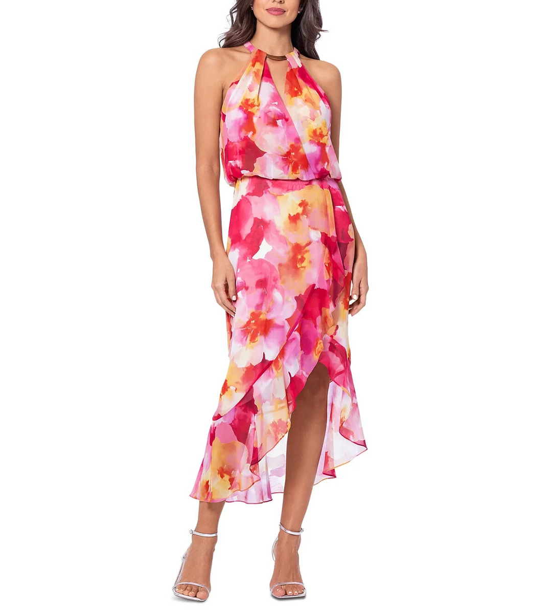 X by XSCAPE Floral-Print Halter High-Low Dress MSRP $139